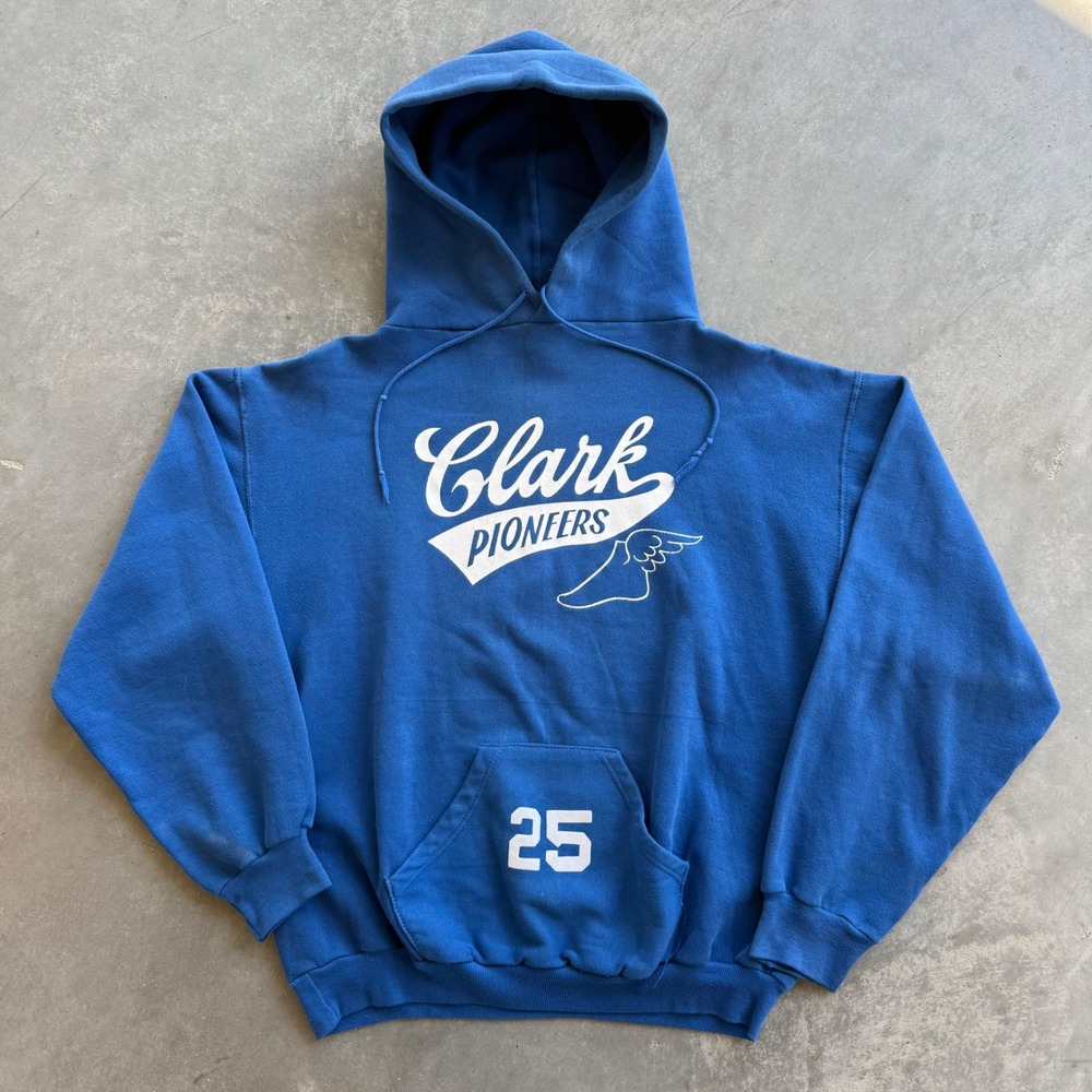 Vintage Russell Athletic Clark Pioneers Hoodie Blue 1970s Gold Tag Large